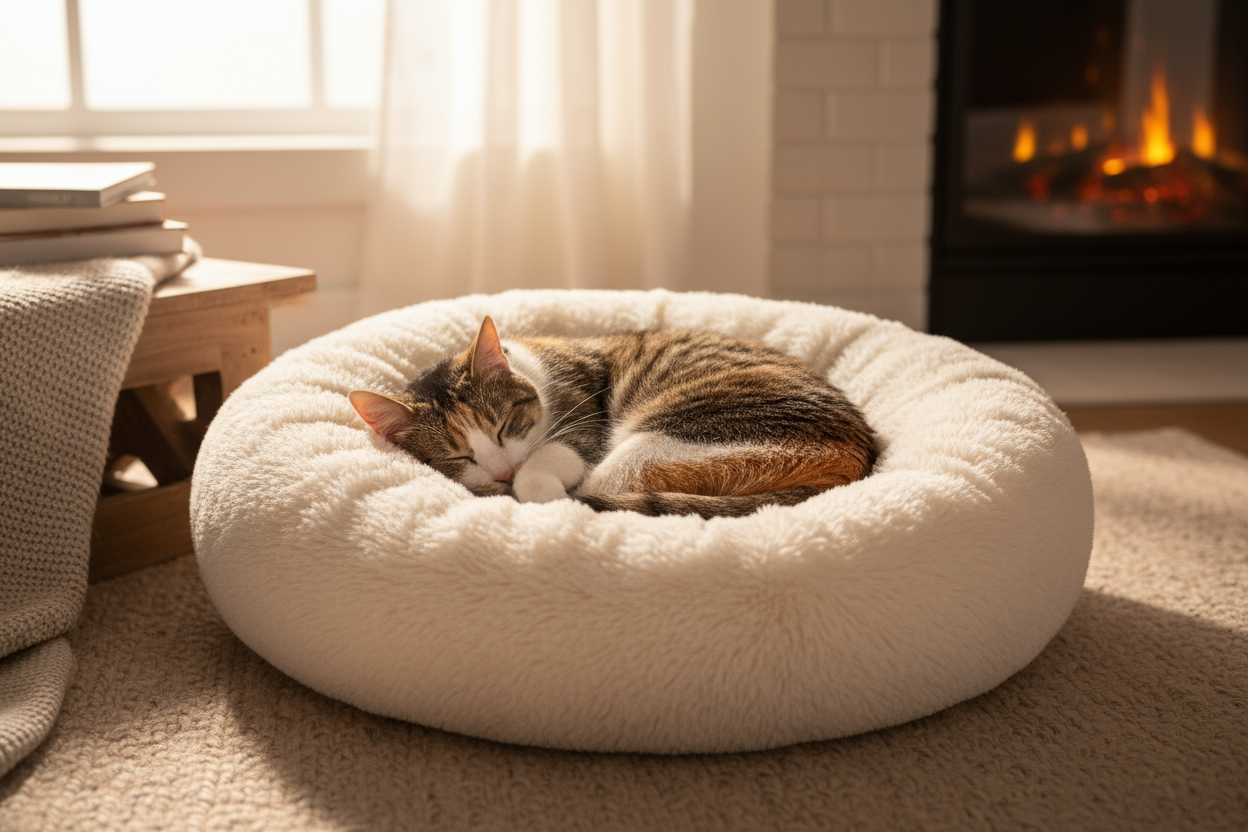 Cat sleeping in donut calming bed