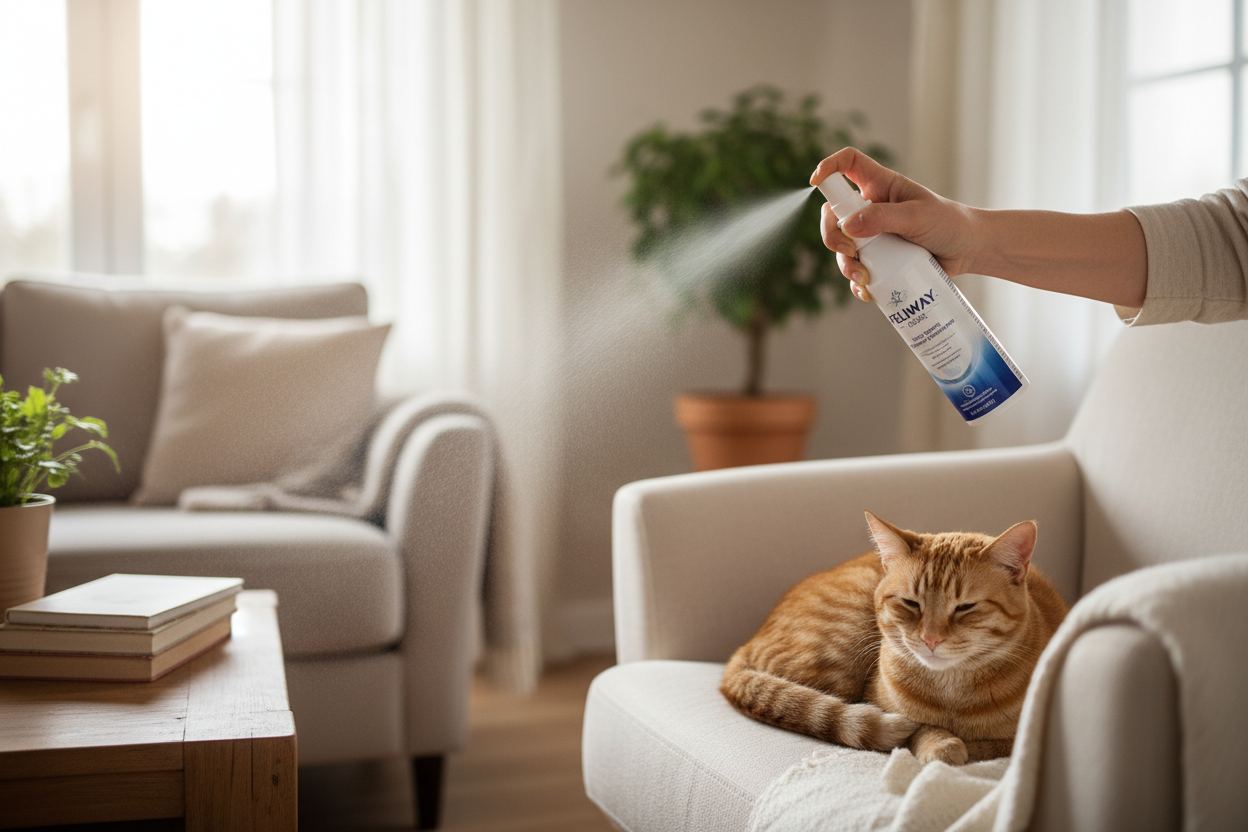 Cat calming spray being used