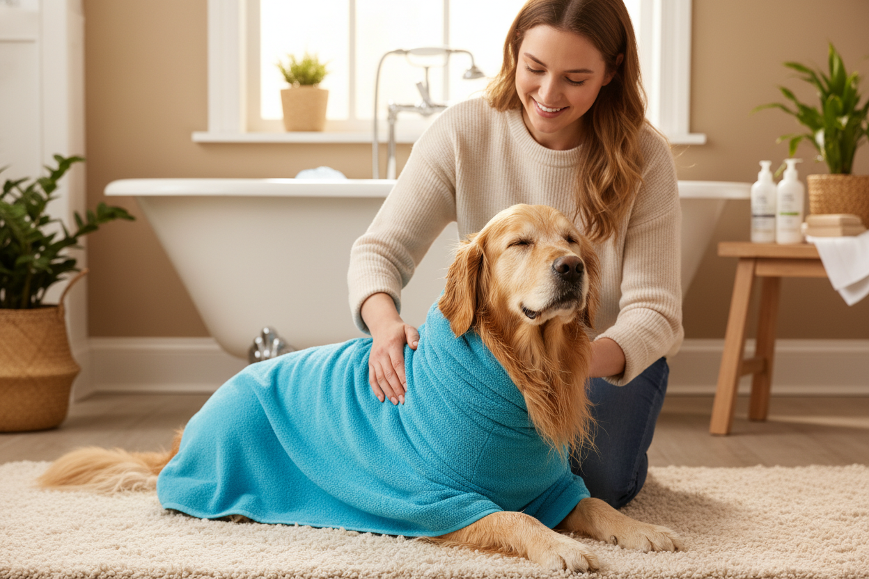 Drying dog with quick-drying absorbent towel